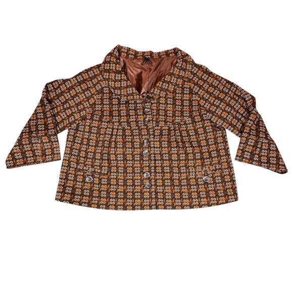 Lapis Blazer Women Large Brown Circle Print Cropped Suit Office Corporate Jacket - Picture 1 of 11